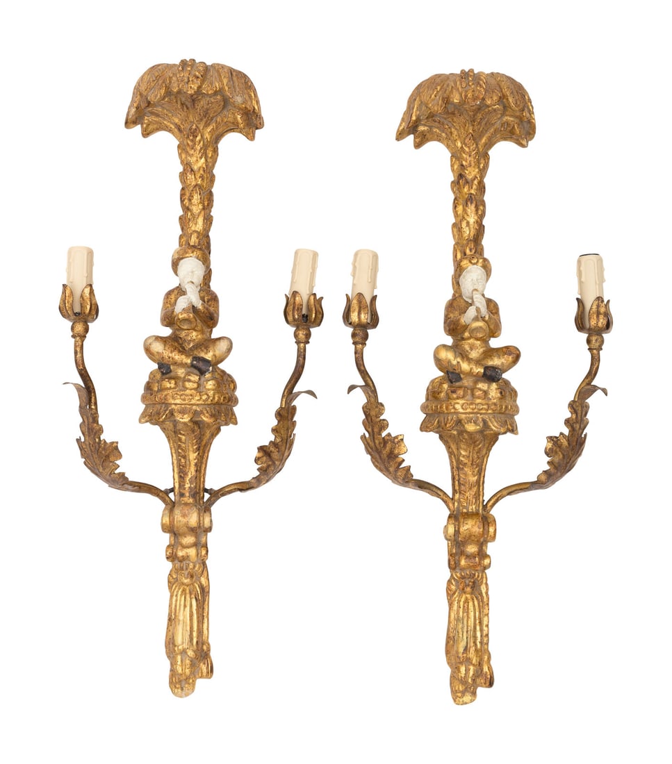 A Pair of Italian Giltwood and Tole Figural Two-Light Sconces (1 of 3)