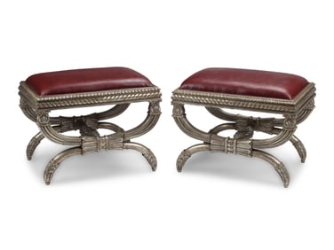 A Pair of Italian Neoclassical Style Silvered Wood Stools