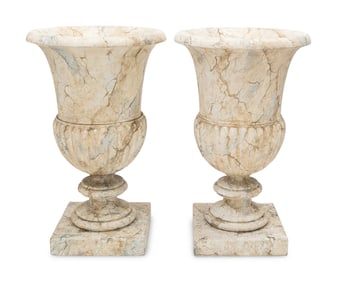 A Pair of Large Painted Faux Marble Urns