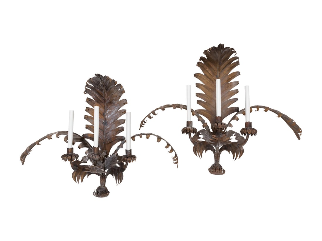 A Pair of Italian Tole Palm Frond Three-Light Sconces (1 of 2)