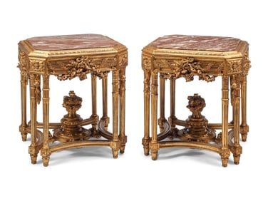 A Pair of Italian Carved Giltwood Marble-Top Tables