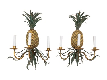 A Pair of Italian Tole Painted Pineapple-Form Three-Light Sconces
