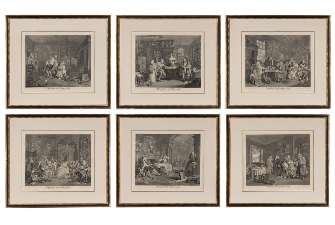 After William Hogarth (English 1697-1764): After William Hogarth (English 1697-1764) Marriage a la Mode (six plates) engraving Frames 25 x 28 inches. This lot is located in Chicago.