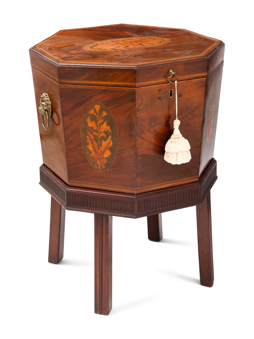A George III Mahogany and Marquetry Cellarette: A George III Mahogany and Marquetry Cellarette Early 19th Century Height 28 x width 19 x depth 19 inches. This lot is located in Palm Beach.