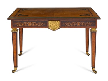 A Victorian Gilt Metal Mounted Amboyna and Marquetry Center Table