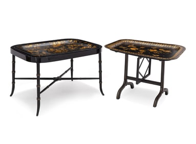 Two Victorian Parcel-Gilt Papier Mache Tray Tables and Five Tole Peinte Trays