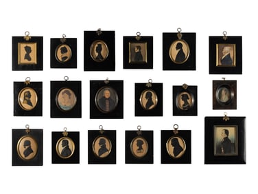 A Collection of Eighteen Silhouettes and Portrait Miniatures in Black Frames