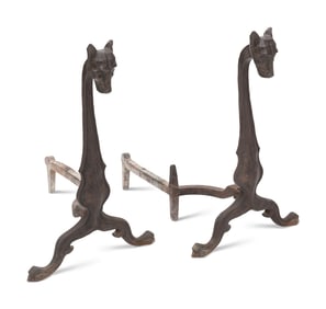 A Pair of Bradley and Hubbard Cast Iron Hound Andirons