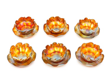 A Set of Six Tiffany Studios Favrile Glass Bowls and Saucers