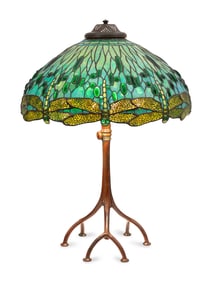 A Leaded Glass and Patinated Metal Dragonfly Table Lamp