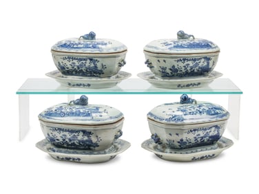 A Set of Four Chinese Export Blue and White Porcelain Tureens and Platters