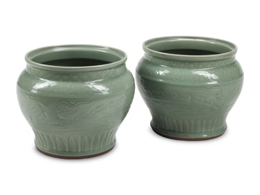 A Pair of Chinese Celadon Porcelain Jardinieres