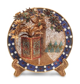 A Chinese Jeweled Filigree and Enamel Plate and Stand