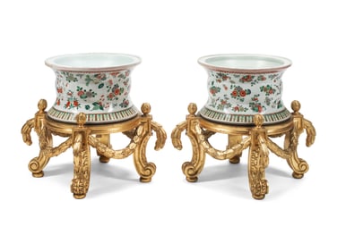 A Pair of Chinese Porcelain Jardinières on Giltwood Bases