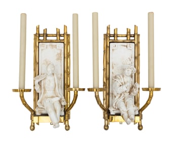 A Pair of Chapman Chinoiserie Brass and Ceramic Two-Light Sconces