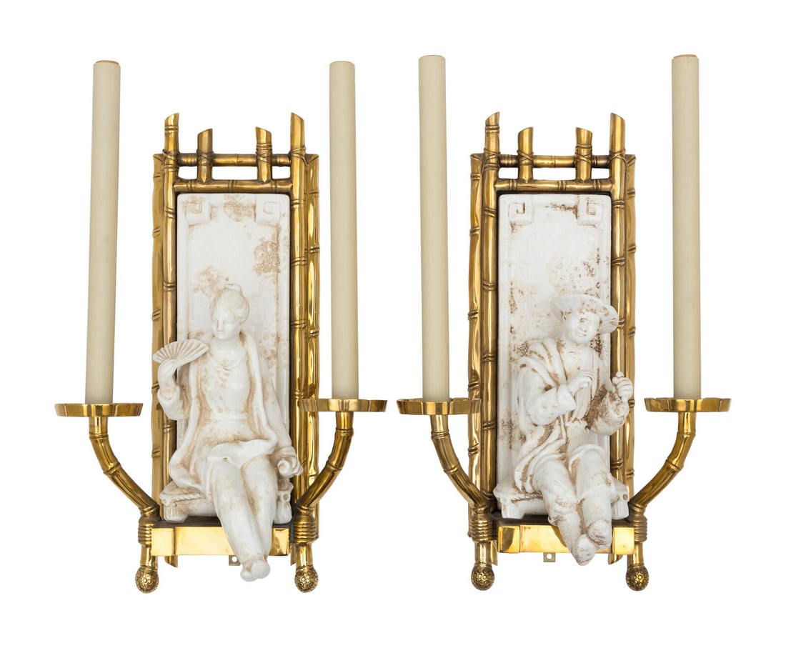 A Pair of Chapman Chinoiserie Brass and Ceramic Two-Light Sconces (1 of 2)