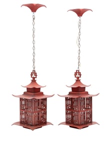 A Pair of Red Tole Pagoda-Form Lanterns