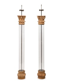 A Pair of Acrylic and Carved Oak Corinthian Columnar Floor Lamps