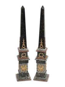 A Pair of Large Gilt Bronze Mounted Vari-Color Granite Obelisks