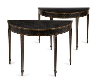 A Pair of Black and Gold-Painted Console Tables