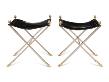A Pair of Steel and Leather Campaign Stools