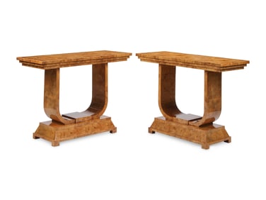 A Pair of Art Deco Style Burl Walnut Console Tables
