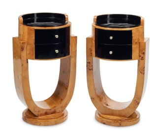 A Pair of Art Deco Style Part-Ebonized Burl Walnut Bedside Cabinets