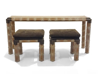 A Brass Mounted Bamboo Carved Console Table and Pair of Stools