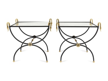A Pair of Brass-Mounted Metal and Mirror-Top Side Tables
