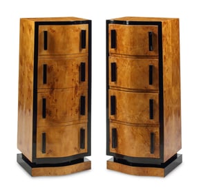 A Pair of Art Deco Style Part-Ebonized Burl Walnut Tall Chests of Drawers