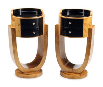 A Pair of Art Deco Style Part-Ebonized Burl Walnut Bedside Tables