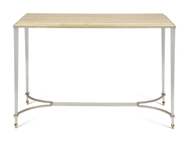 A Brass-Mounted Steel Travertine Top Console Table