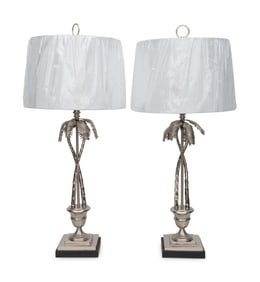 A Pair of Nickel Plated Palm Frond Table Lamps