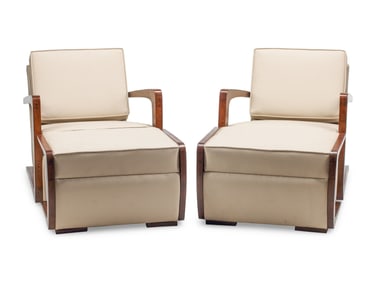 A Pair of Art Deco Style Grain-Painted and Leather Upholstered Armchairs and an Ottoman