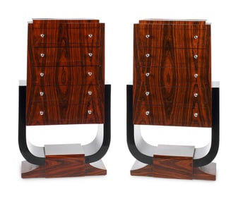 A Pair of Art Deco Style Part-Ebonized Rosewood Tall Chests of Drawers