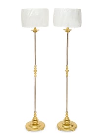 A Pair of Nickel-Plated Bronze and Brass Floor Lamps