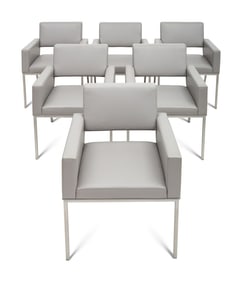 A Set of Six Brueton Apollo Leather and Stainless Steel Armchairs