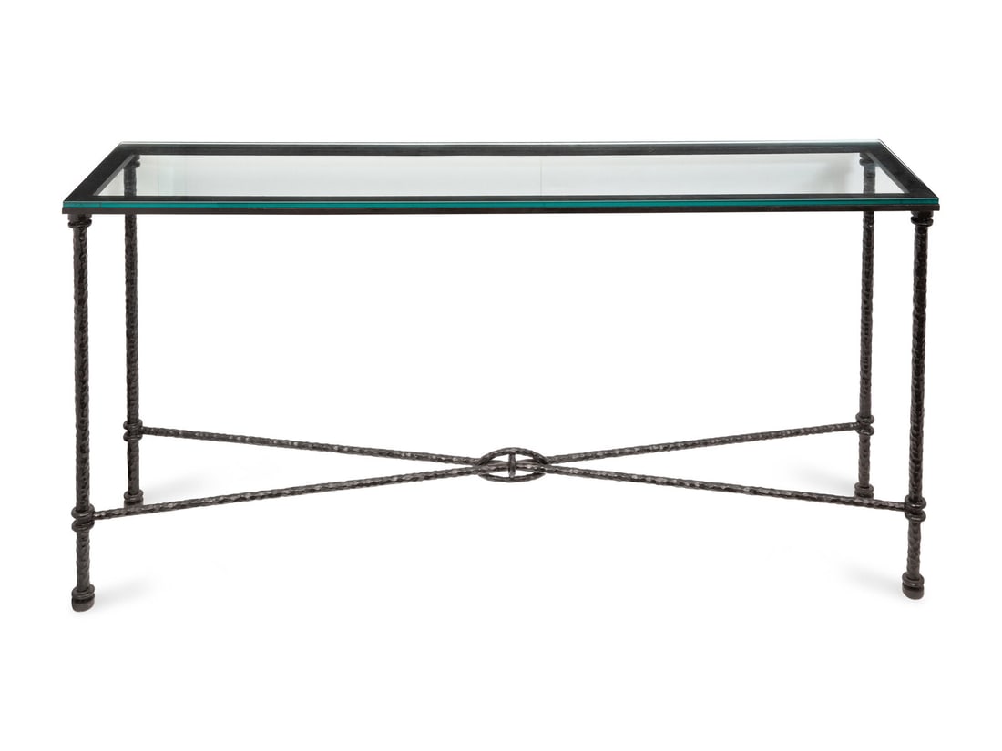 A Wrought Iron Glass-Top Console Table: A Wrought Iron Glass-Top Console Table Style of Diego Giacometti, 20th Century Height 36 3/4 x width 75 x depth 17 inches. This lot is located in Palm Beach.