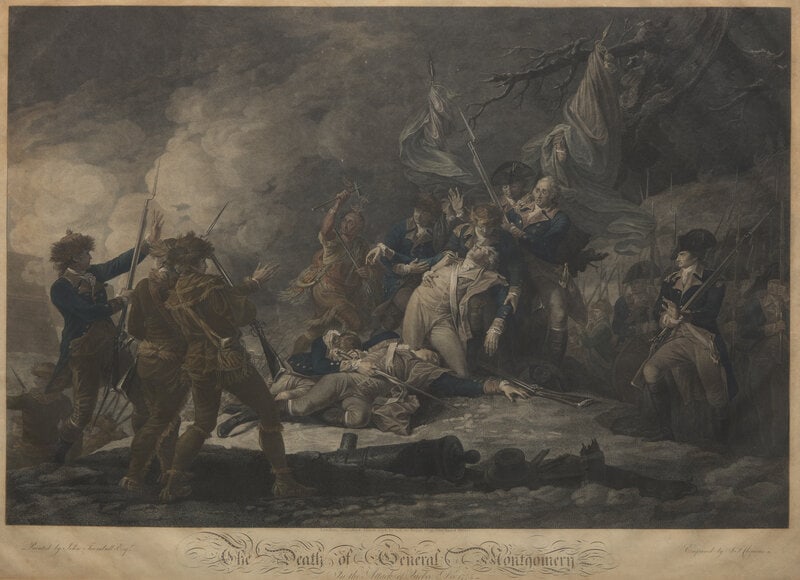 [American Revolution] The Death of General Montgomery in the Attack of Quebec Decr. 1775: [American Revolution] The Death of General Montgomery in the Attack of Quebec Decr. 1775 London: A.C. de Poggi, March 1798. Hand-colored engraving, by J.T. Clemens after John Trumbull. Approximately 2