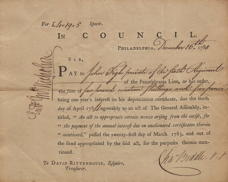 [Americana] Biddle, Charles. Partially-Printed Document, signed (1 of 2)