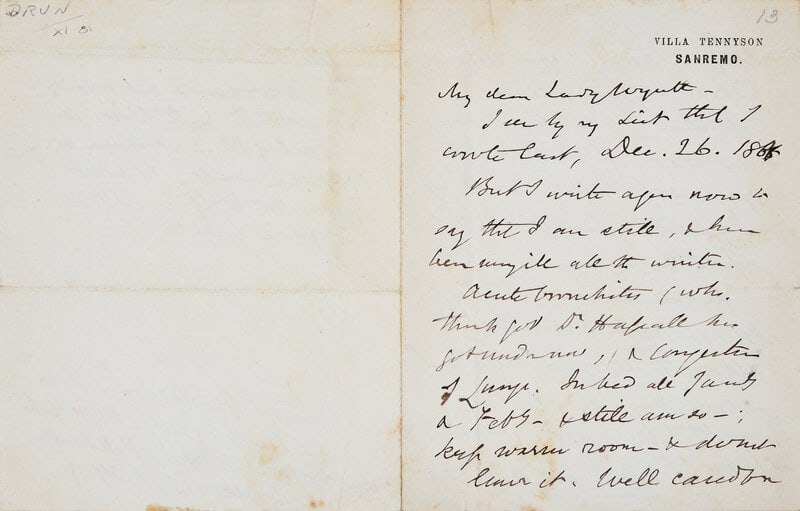 [Autographs & Manuscripts] Lear, Edward. Autograph Letter, signed: [Autographs & Manuscripts] Lear, Edward. Autograph Letter, signed Villa Tennyson, Sanremo, Italy, no date. Three-page autograph letter on bifolium, signed by Edward Lear ("Edw Lear") to his friend