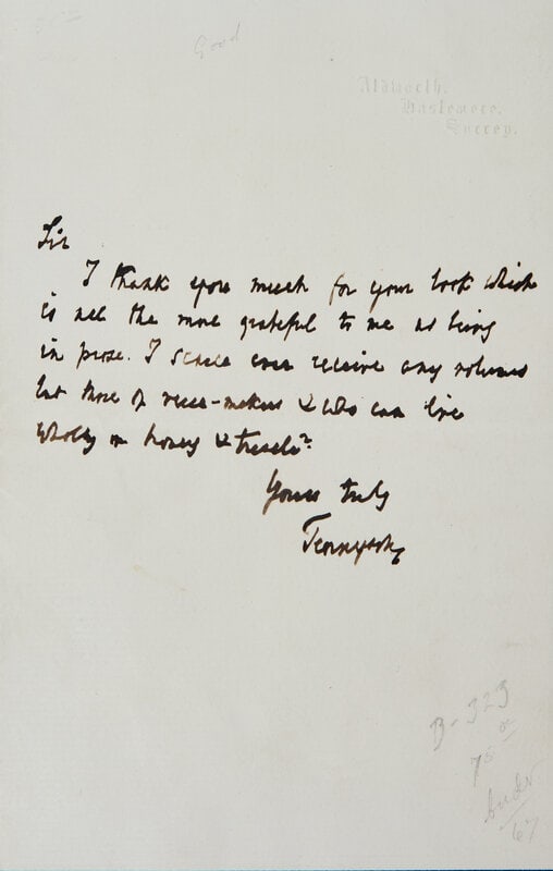 [Literature] Tennyson, Alfred, Lord. Autograph Letter, signed (1 of 1)