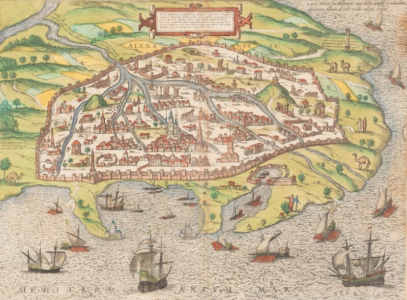 [Maps & Atlases] Braun, Georg and Frans Hogenberg. Alexandria...: [Maps & Atlases] Braun, Georg and Frans Hogenberg. Alexandria... Cologne, ca 1575. Engraved map with hand-coloring, framed, visible area 15 x 19 1/2". Unexamined out of frame. From Braun &
