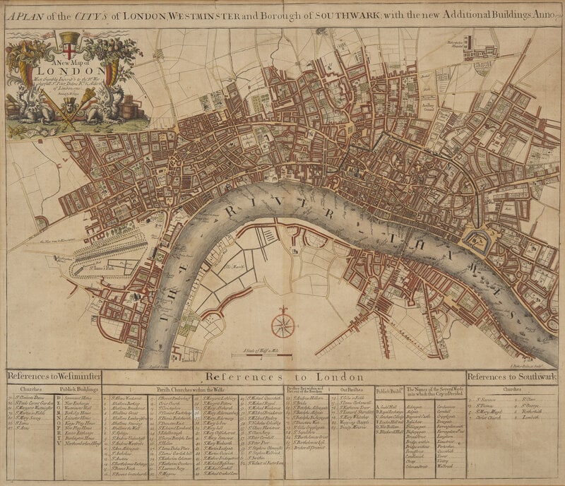 [Maps & Atlases] Senex, John. A Plan of the City of London, Westminster and Borough of Southwark...: [Maps & Atlases] Senex, John. A Plan of the City's of London, Westminster and Borough of Southwark; with the new Additional Buildings: Anno 1720 London: John Senex, 1720. Engraved hand-colored map