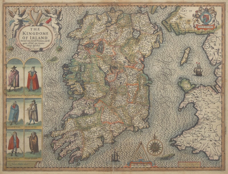 [Maps & Atlases] Speed, John. The Kingdome of Irland...: [Maps & Atlases] Speed, John. The Kingdome of Irland... (London), 1610. Hand-colored engraved map; engraved by Jodocus Hondius. Approximately 16 x 21 in. (406 x 533 mm) (sight). In mat and unexami