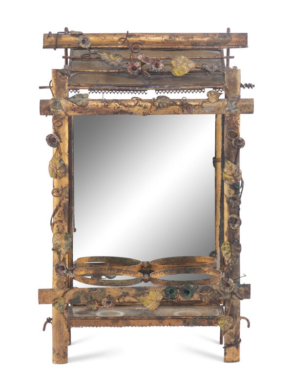 A Palais Royal Gilt Metal Hanging Vase Caddy: A Palais Royal Gilt Metal Hanging Vase Caddy 19th Century Height 16 1/2 x width 10 1/2 x depth 4 1/2 inches. Property from Camp Rosemary, the Estate of Posy Krehbiel, Lake Forest,