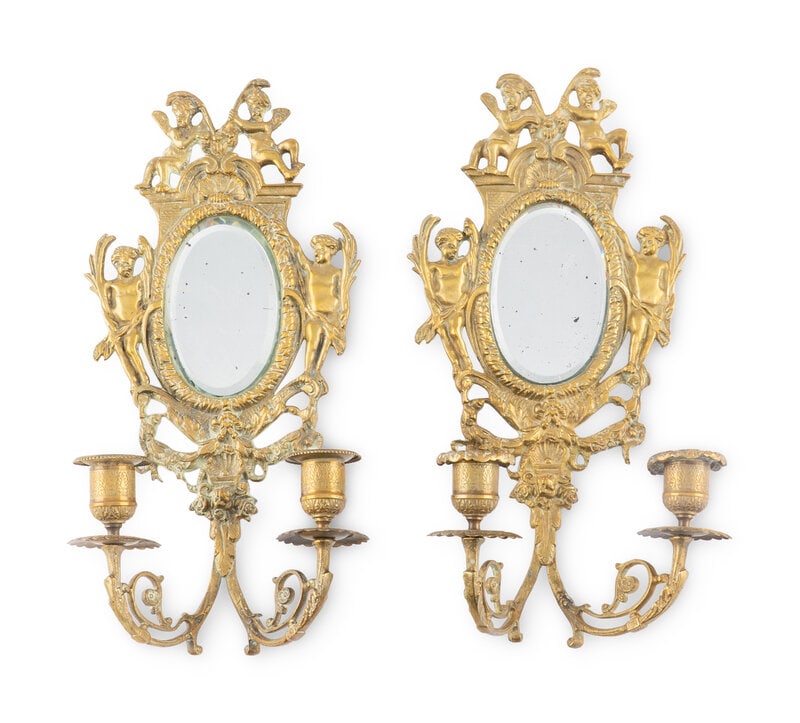 A Pair Of French Brass And Mirror-Inset Two-Light Sconces (1 of 17)