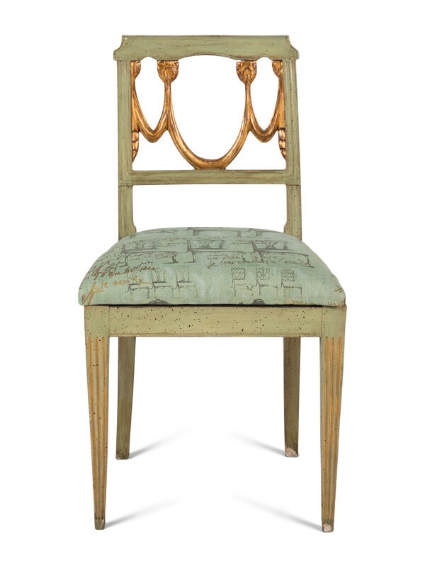 An Italian Painted and Parcel-Gilt Side Chair: An Italian Painted and Parcel-Gilt Side Chair Circa 1800 Height 35 x width 18 1/2 x depth 17 inches. Property from Camp Rosemary, the Estate of Posy Krehbiel, Lake Forest, I