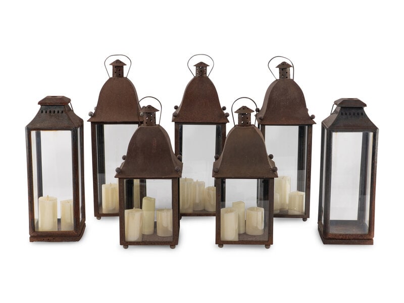 A Group of Eight Patinated Sheet Metal Garden Lanterns: A Group of Eight Patinated Sheet Metal Garden Lanterns 20th Century Height of tallest example 29 1/2 inches. Property from Camp Rosemary, the Estate of Posy Krehbiel, Lake Forest,