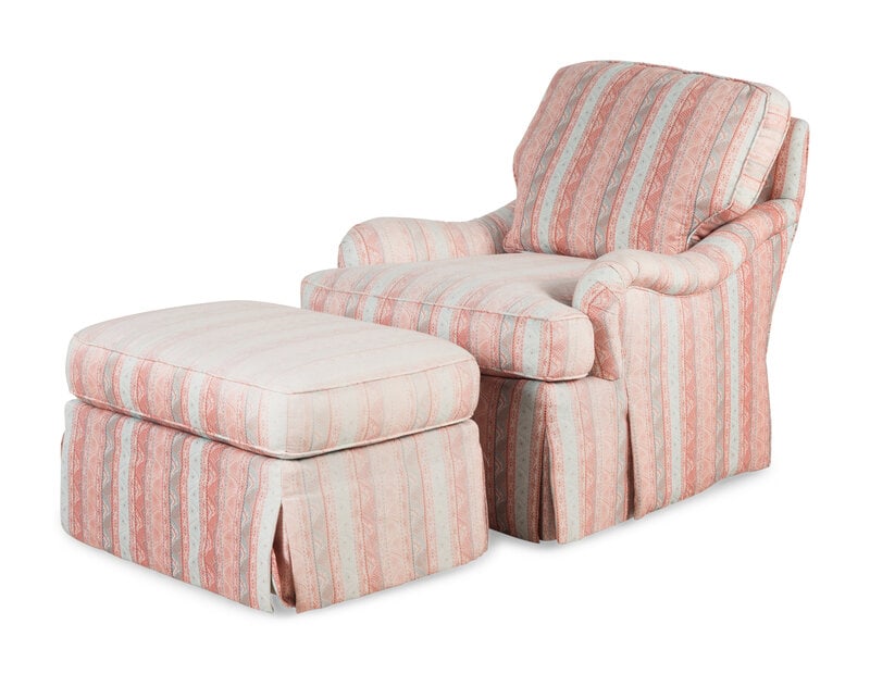A Custom Bridgewater Style Easy Chair and Ottoman: A Custom Bridgewater Style Easy Chair and Ottoman 20th Century Height of chair 32 x width 31 1/2 x depth 35 inches; height of ottoman 17 x width 29 x depth 19 inches. Property fro